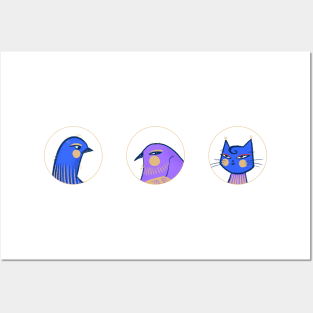 Two purple and blue birds one blue cat Posters and Art